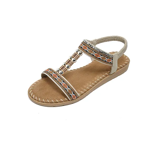 Women Bohemian Flat Sandals Ethnic T-Strap Beaded Rhinestone Casual Summer Beach Shoes Elastic Back Strap Vacation Flat Sandals