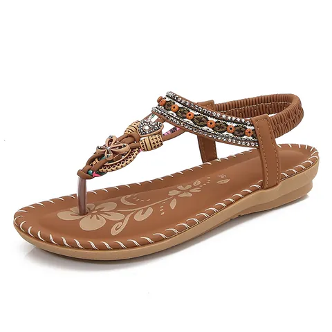 Women Bohemian Flat Sandals PU Leather Rhinestone T-Strap Flip Flops Butterfly Heart Pendant Beaded Holiday Beach Footwear