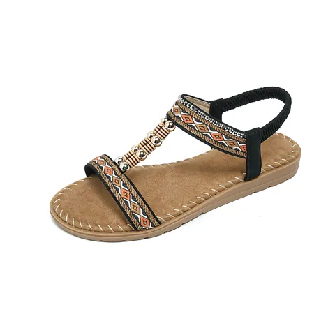 Women Bohemian Flat Sandals Ethnic T-Strap Beaded Rhinestone Casual Summer Beach Shoes Elastic Back Strap Vacation Flat Sandals