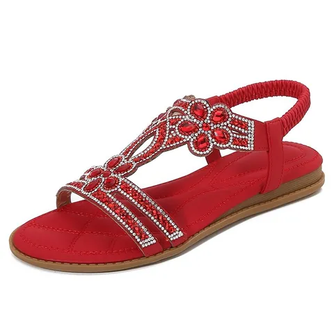 Women Bohemian Flat Sandals Rhinestone Floral Hollow Out PU Leather Comfortable Beach Vacation Shoes Elastic Back Strap Summer Sandals