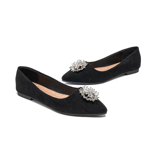 French Suede Pointed Toe Flats For Women Elegant Rhinestone Buckle Shallow Mouth Slip On Shoes Casual Ballet Flat Dress Shoes