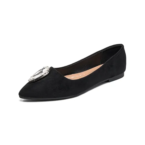 French Style Women Suede Pointed Toe Flats Elegant Rhinestone Buckle Shallow Mouth Slip On Low Heel Dress Shoes