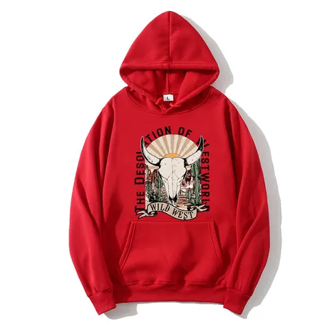 Women American Retro Western Cow Skull Print Hooded Sweatshirt Loose Fleece Hoodie With Kangaroo Pocket