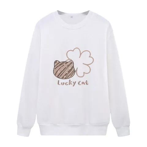 Women's Loose Long Sleeve Fleece Lined Sweatshirt Lucky Cat Cartoon Printed Casual Round Neck Pullover Top