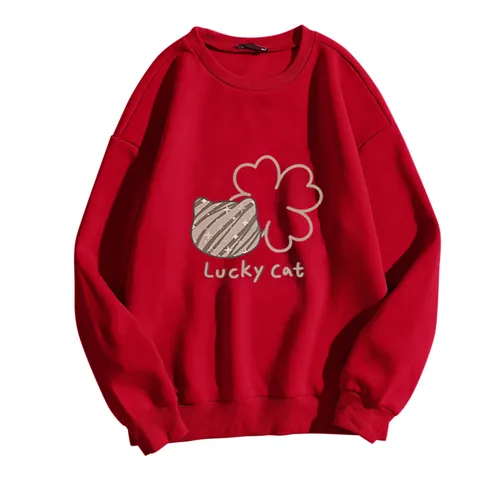 Women's Loose Long Sleeve Fleece Lined Sweatshirt Lucky Cat Cartoon Printed Casual Round Neck Pullover Top