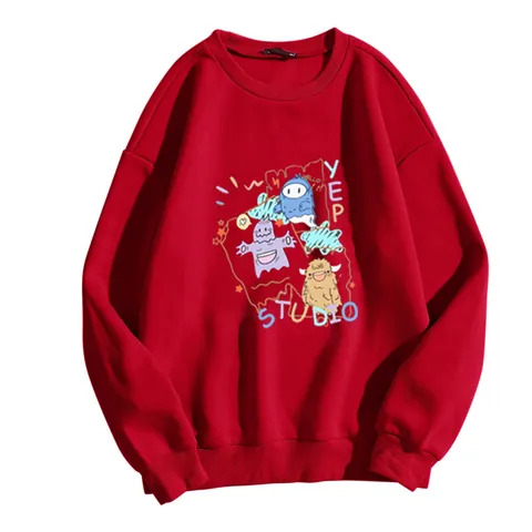 Sweat-shirt Doublé Polaire pour Femmes Impression Monstre Dessin Animé Manches Longues Col Rond Pull-over Décontracté