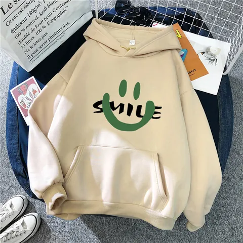 Sweat à Capuche Femme Décontracté Imprimé Smile Doublé en Molleton Sweat Pull Ample à Manches Longues avec Poche Kangourou