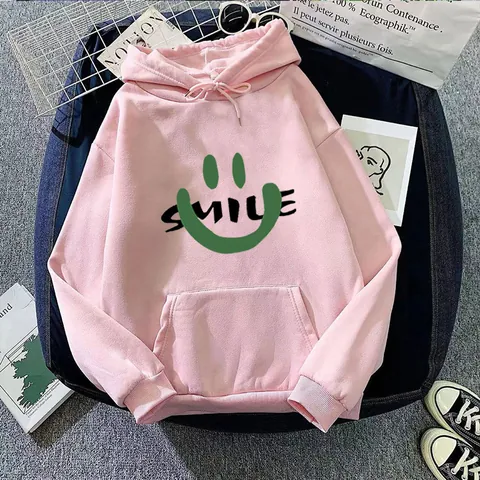 Sweat à Capuche Femme Décontracté Imprimé Smile Doublé en Molleton Sweat Pull Ample à Manches Longues avec Poche Kangourou