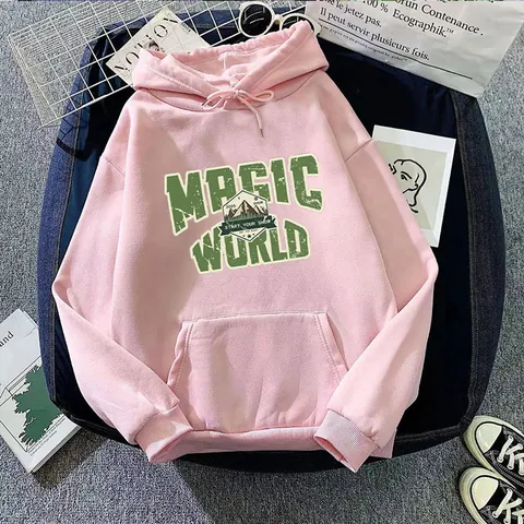 Magic World Women Oversized American Retro Hooded Sweatshirt Letter Mountain Print Long Sleeve Pullover Hoodie Top