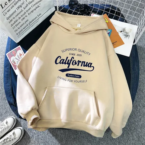 Sweat à Capuche Femme Décontracté en Polyester Imprimé Lettres California Oversize Manches Longues Avec Poche Kangourou