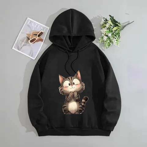 Women's Cute Cat Print Hooded Sweatshirt Casual Loose Long Sleeve Hoodie Fleece Lined Pullover Top For Autumn Winter
