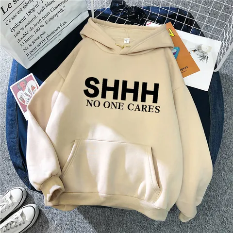 Women's Loose Hooded Sweatshirt Fleece Lined Pullover Top With Kangaroo Pocket SHHH NO ONE CARES Letter Print Long Sleeve Hoodie