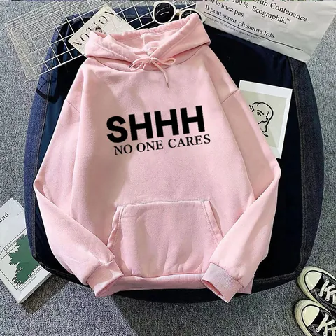 Women's Loose Hooded Sweatshirt Fleece Lined Pullover Top With Kangaroo Pocket SHHH NO ONE CARES Letter Print Long Sleeve Hoodie