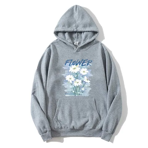 Women Loose Daisy Flower Print Hooded Sweatshirt Autumn Winter Casual Long Sleeve Hoodie Top With Kangaroo Pocket Outerwear