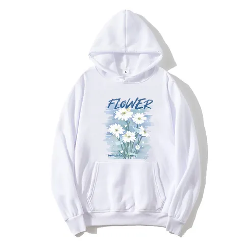 Women Loose Daisy Flower Print Hooded Sweatshirt Autumn Winter Casual Long Sleeve Hoodie Top With Kangaroo Pocket Outerwear