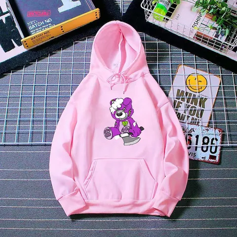 Sudadera Con Capucha Oversized Para Mujer Con Estampado De Oso Zombie Morado Mezcla De Algodón Poliéster Manga Larga