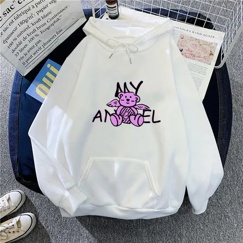Felpa con Cappuccio Oversized Casual da Donna Pullover in Fleece a Maniche Lunghe con Stampa Cartoon Angelo Orsetto e Tasca a Marsupio