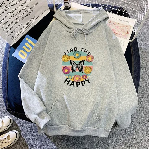 Felpa con Cappuccio da Donna Stampa Farfalla e Fiori Pullover Casual Con Tasca a Canguro Manica Lunga Interno in Pile