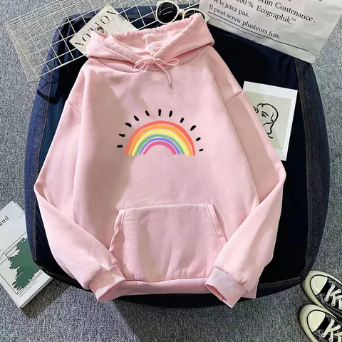 Women Casual Rainbow Print Hoodie Long Sleeve Fleece Pullover Sweatshirt With Kangaroo Pocket For Spring Autumn