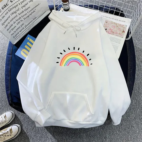 Women Casual Rainbow Print Hoodie Long Sleeve Fleece Pullover Sweatshirt With Kangaroo Pocket For Spring Autumn