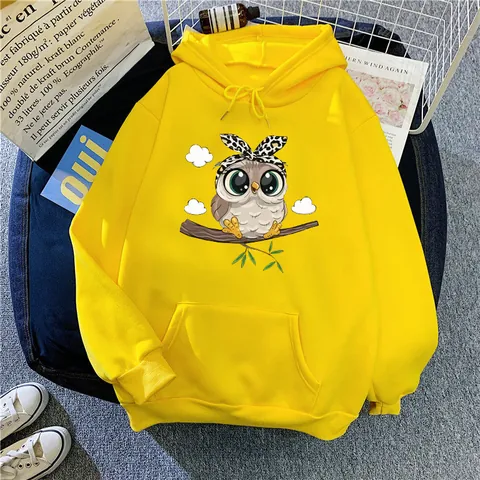 Damen Oversize Vliesgefüttert Kapuzenpullover Cartoon Eule Druck Pullover Mit Kängurutasche Lässig Winter Top