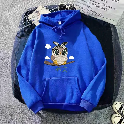 Damen Oversize Vliesgefüttert Kapuzenpullover Cartoon Eule Druck Pullover Mit Kängurutasche Lässig Winter Top