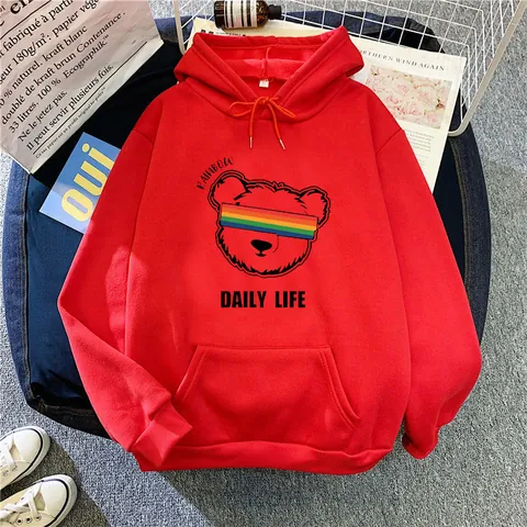 Felpa con Cappuccio da Donna Casual Stampa Orso Arcobaleno Manica Lunga Coulisse Felpa con Tasca Autunno Inverno Pile Pullover Top