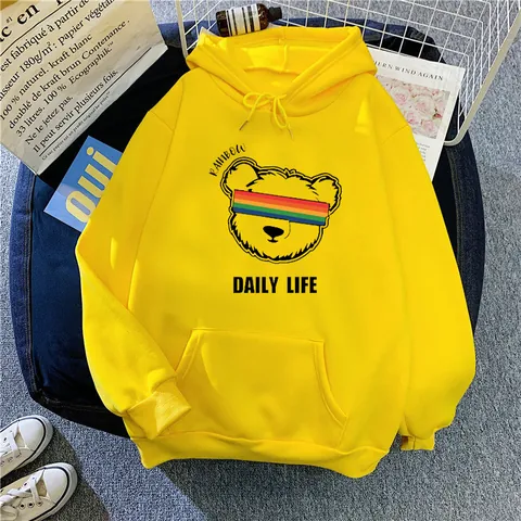Felpa con Cappuccio da Donna Casual Stampa Orso Arcobaleno Manica Lunga Coulisse Felpa con Tasca Autunno Inverno Pile Pullover Top