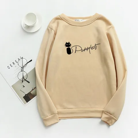 Felpa da Donna Casual Con Stampa Gatto e Lettera Purrfect Girocollo a Manica Lunga Pullover Largo in Misto Poliestere