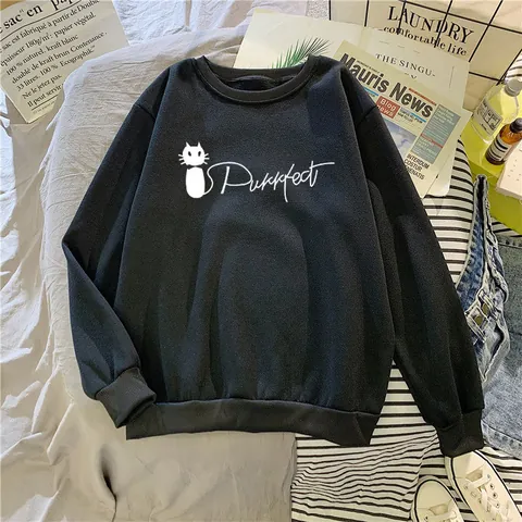 Felpa da Donna Casual Con Stampa Gatto e Lettera Purrfect Girocollo a Manica Lunga Pullover Largo in Misto Poliestere
