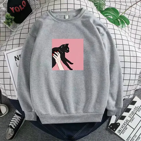 Felpa da Donna Casual a Girocollo in Poliestere con Stampa Grafica di Gatto Manica Lunga Interno in Pile Top Pullover