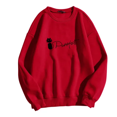 Women Casual Crew Neck Long Sleeve Sweatshirt Cute Cat Purrrfect Print Loose Polyester Pullover Top For Autumn Winter