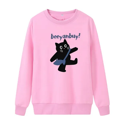 Sweatshirt Femme Décontracté Col Rond Imprimé Chat Noir Dessin Animé Pullover en Polaire Manches Longues Printemps Automne