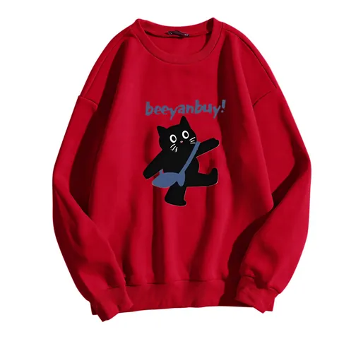 Sweatshirt Femme Décontracté Col Rond Imprimé Chat Noir Dessin Animé Pullover en Polaire Manches Longues Printemps Automne