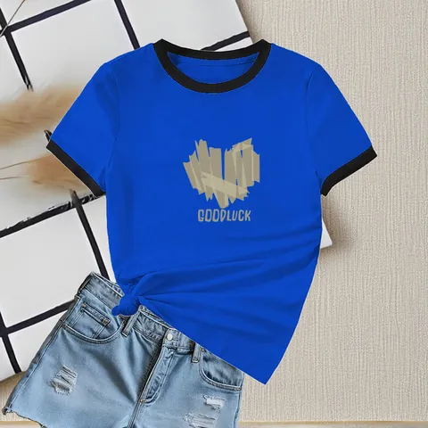 Women Contrast Trim Heart Print T-Shirt Round Neck Short Sleeve Slim Fit Casual Top Good Luck Graphic Tee Summer Clothing