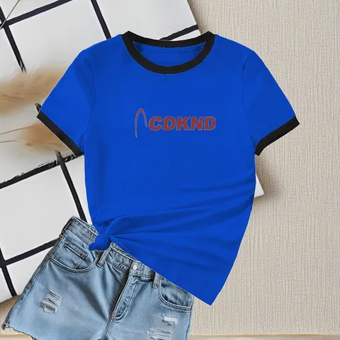 Damen Sommer Ringer T-Shirt Kontrastbesatz Rundhals Kurzarm Slim Fit Buchstabendruck Lässig Mode Pullover Tee Top
