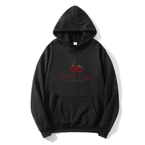 Women's Cherry Print Hooded Sweatshirt Monties Letter Fleece Lined Thickened Pullover Loose Kangaroo Pocket Hoodie Top