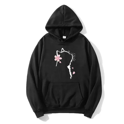 Damen Casual Kapuzenpullover Katze Kirschblüte Druck Langarm Polyester Mischung Sweatshirt Mit Kängurutasche Lockerer Schnitt Top