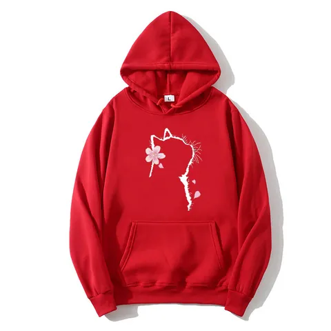 Damen Casual Kapuzenpullover Katze Kirschblüte Druck Langarm Polyester Mischung Sweatshirt Mit Kängurutasche Lockerer Schnitt Top
