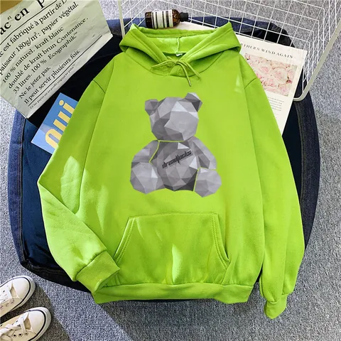Women Casual Long Sleeve Hooded Hoodie Fleece Lined Pullover Sweatshirt With Geometric Bear Graphic Print Kangaroo Pocket