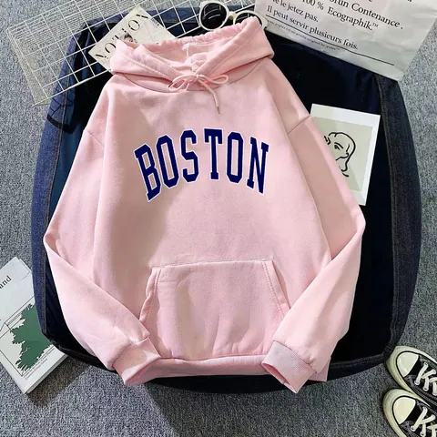 Sudadera con Capucha Casual Mujer Estilo Vintage Americano Boston Estampado de Letras Hoodie Oversize con Bolsillo Canguro Top Grueso