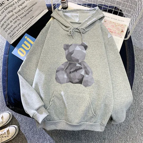 Women Casual Long Sleeve Hooded Hoodie Fleece Lined Pullover Sweatshirt With Geometric Bear Graphic Print Kangaroo Pocket