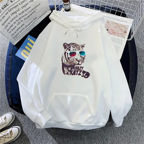 Donna American Retro Oversized Felpa con Cappuccio Foderata in Pile Pullover Stampa Tigre Casual Top a Manica Lunga