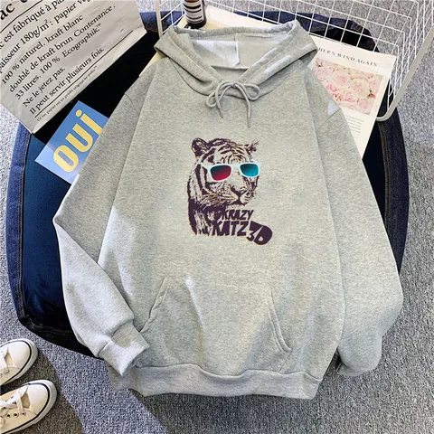 Donna American Retro Oversized Felpa con Cappuccio Foderata in Pile Pullover Stampa Tigre Casual Top a Manica Lunga