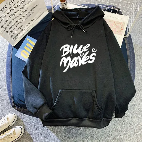 Damen Casual Langarm Hoodie Buchstabendruck BLUE WAVES Lockeres Kapuzensweatshirt Kängurutasche Pullover Fleece Top