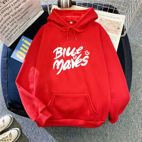 Damen Casual Langarm Hoodie Buchstabendruck BLUE WAVES Lockeres Kapuzensweatshirt Kängurutasche Pullover Fleece Top