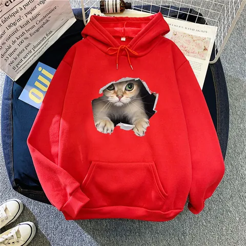 Women Long Sleeve Hoodie Cute 3D Cat Print Pullover Sweatshirt With Kangaroo Pocket Loose Fit Casual Fall Warm Tops