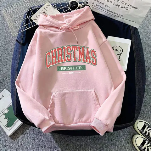 Damen Weihnachten Brighter 2023 Gedruckt Kapuzenpulli Fleecegefüttert Oversized Langarm Sweatshirt Mit Kängurutasche Pullover