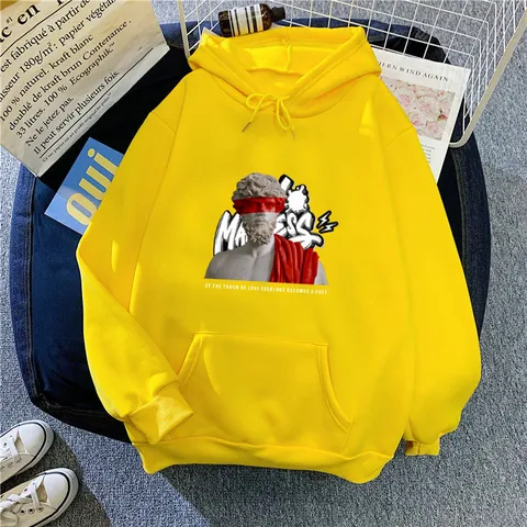 Felpa con Cappuccio Oversize da Donna Foderata in Pile Stampa Grafica Statua Felpa Pullover Manica Lunga Tasca a Coulisse