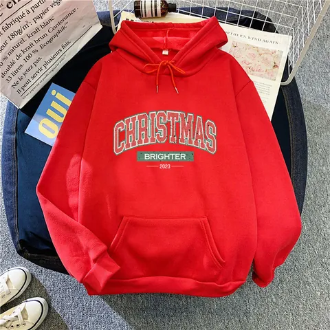 Damen Weihnachten Brighter 2023 Gedruckt Kapuzenpulli Fleecegefüttert Oversized Langarm Sweatshirt Mit Kängurutasche Pullover